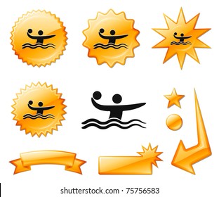 Water Polo Icon on Orange Burst Banners and Medals Original Vector Illustration