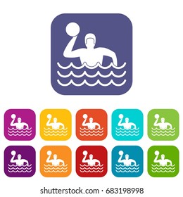 Water polo icons set vector illustration in flat style in colors red, blue, green, and other