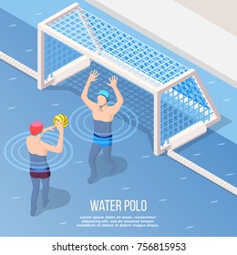 Water Polo Isometric Background With Sportsman During Throw Of Ball To Gate In Swimming Pool Vector Illustration