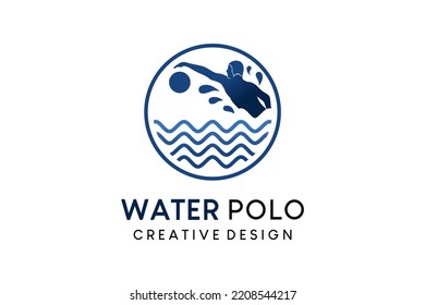 Water polo logo design, simple vector illustration of silhouettes of people playing ball on waves