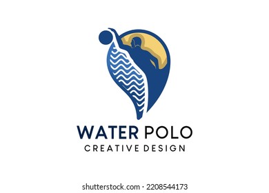 Water polo logo design, vector illustration of people playing ball in water drops icon