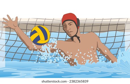 water polo male goalkeeper saving ball from net in swimming pool