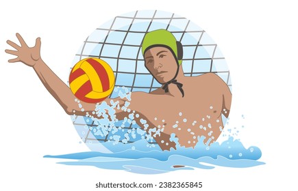 water polo male goalkeeper saving ball from net isolated on a white background