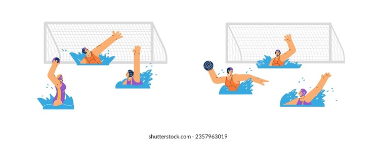 El waterpolo coincide con los jugadores de la competencia personajes de dibujos animados planos ilustraciones vectoriales aisladas en fondo blanco. Atletas deportivos de waterpolo jugando en el agua.