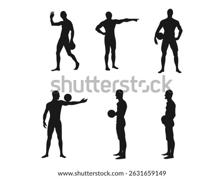 Water polo player with ball, isolated vector silhouette. Silhouettes of water polo players in different poses, gestures. Silhouettes of Muscular Men Playing a Sport. vector on a white background.