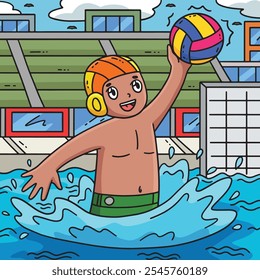 Jugador de waterpolo atrapando la bola de dibujos animados de color