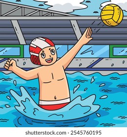 Water Polo Player Passing the Ball Colored Cartoon