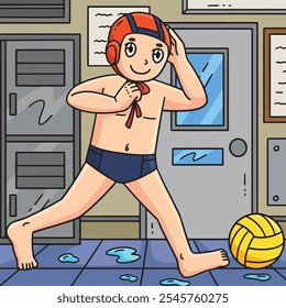 Water Polo Player Securing a Cap Colored Cartoon 