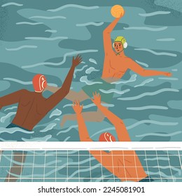 Water polo players in action concept vector illustration. Swimming and water sports. Water polo team play game in tournament. Athlete attack goalkeeper with a ball