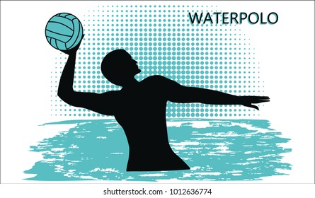 Water polo. Silhouette of player with ball - wave in grunge style - isolated on white background - vector illustration.