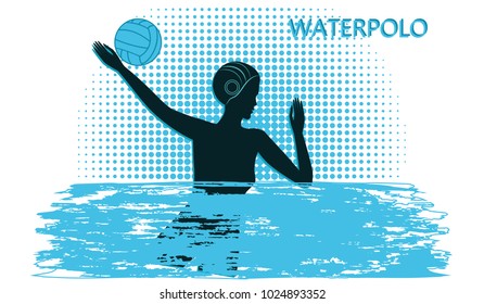 Water polo . Silhouette of woman with ball - blue in grunge style background - vector art illustration