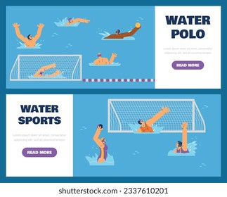 Banderas de la competición deportiva de waterpolo con personajes caricaturistas planos ilustración vectorial. Banner publicitario de juegos acuáticos y deportivos o plantillas de folletos.