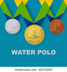 Water polo sport icon on medal award set with Brazilian color theme designed of ribbon in vector illustration 