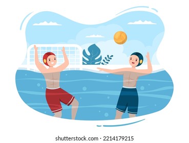 Water Polo Sport Player Playing to Throw the Ball on the Opponent Goal in the Swimming Pool in Flat Cartoon Hand Drawn Templates Illustration