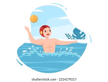 Water Polo Sport Player Playing to Throw the Ball on the Opponent Goal in the Swimming Pool in Flat Cartoon Hand Drawn Templates Illustration