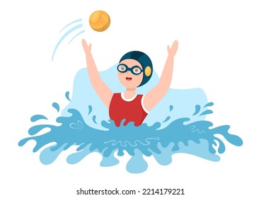 Jugador deportivo de waterpolo jugando para lanzar la bola contra el objetivo opuesto en la piscina con dibujos a mano dibujados Ilustración