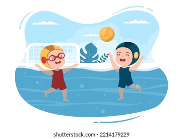 Water Polo Sport Player Playing to Throw the Ball on the Opponent Goal in the Swimming Pool in Flat Cartoon Hand Drawn Templates Illustration