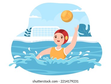 Water Polo Sport Player Playing to Throw the Ball on the Opponent Goal in the Swimming Pool in Flat Cartoon Hand Drawn Templates Illustration