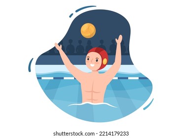 Water Polo Sport Player Playing to Throw the Ball on the Opponent Goal in the Swimming Pool in Flat Cartoon Hand Drawn Templates Illustration