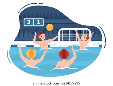 Jugador deportivo de waterpolo jugando para lanzar la bola contra el objetivo opuesto en la piscina con dibujos a mano dibujados Ilustración