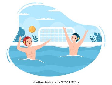 Water Polo Sport Player Playing to Throw the Ball on the Opponent Goal in the Swimming Pool in Flat Cartoon Hand Drawn Templates Illustration