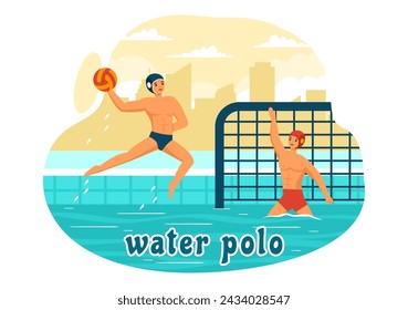 Water Polo Sport Vector Illustration with Player Playing to Throw the Ball on the Opponent's Goal in the Swimming Pool in Flat Cartoon Background