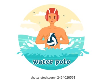 Water Polo Sport Vector Illustration with Player Playing to Throw the Ball on the Opponent's Goal in the Swimming Pool in Flat Cartoon Background