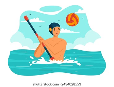 Ilustración del vector del deporte del polo de agua con el jugador que juega a lanzar la bola en la meta del oponente en la piscina en fondo plano de la historieta