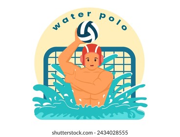 Water Polo Sport Vector Illustration with Player Playing to Throw the Ball on the Opponent's Goal in the Swimming Pool in Flat Cartoon Background