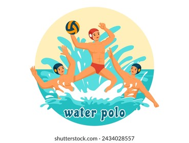 Ilustración del vector del deporte del polo de agua con el jugador que juega a lanzar la bola en la meta del oponente en la piscina en fondo plano de la historieta