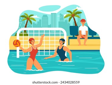 Water Polo Sport Vector Illustration with Player Playing to Throw the Ball on the Opponent's Goal in the Swimming Pool in Flat Cartoon Background