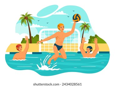 Ilustración del vector del deporte del polo de agua con el jugador que juega a lanzar la bola en la meta del oponente en la piscina en fondo plano de la historieta