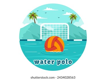 Water Polo Sport Vector Illustration with Player Playing to Throw the Ball on the Opponent's Goal in the Swimming Pool in Flat Cartoon Background