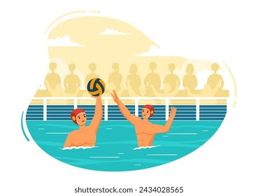 Water Polo Sport Vector Illustration with Player Playing to Throw the Ball on the Opponent's Goal in the Swimming Pool in Flat Cartoon Background