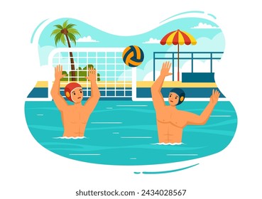 Ilustración del vector del deporte del polo de agua con el jugador que juega a lanzar la bola en la meta del oponente en la piscina en fondo plano de la historieta