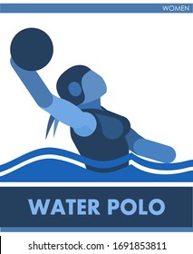 Water polo sports. Female contest. Vector. Icon, pictogram. Summer international sports. Girls are swimming in the pool with the ball. Women of competition. Symbol of championship, club.