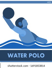 Water polo sports. Male competition. Vector. Icon, pictogram. Summer international sports. The guys are swimming in the pool with the ball. Men competition. Symbol of championship, club.