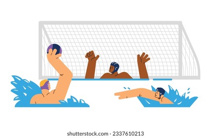 Los deportistas de waterpolo tocan un ataque en la puerta, ilustración vectorial de dibujos planos aislados en fondo blanco. El equipo de waterpolo en la piscina habla de la competencia deportiva.