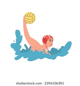 Water polo. Summer sports activity. Swimming and competition in the water. The player throws the ball. Vector hand-drawn illustration on a white isolated background.