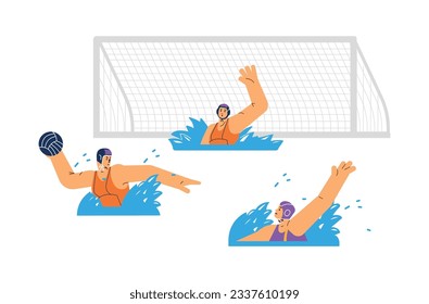 Water polo team in pool during competition match, flat cartoon vector illustration isolated on white background. Water polo swimmers at gate the teams play an attack.