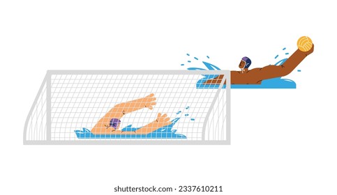 Los equipos de waterpolo juegan a personajes, ilustración de un vector de dibujos planos aislados en fondo blanco. Atletas deportivos de waterpolo en partidos de partidos o de competición.