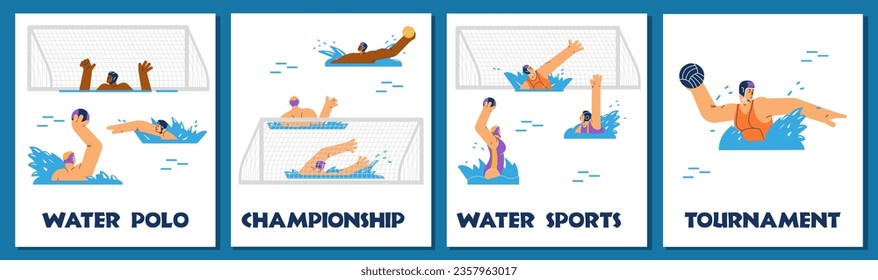 Water polo tournament or championship posters set for social media and prints, flat cartoon vector illustration. Water polo sport tournament promo banners.