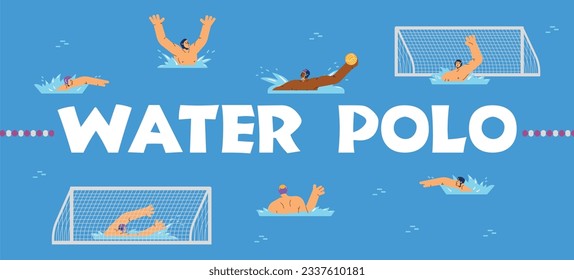 Water polo tournament or championship website banner or poster design with header and athletes characters, flat cartoon vector illustration isolated on blue background.