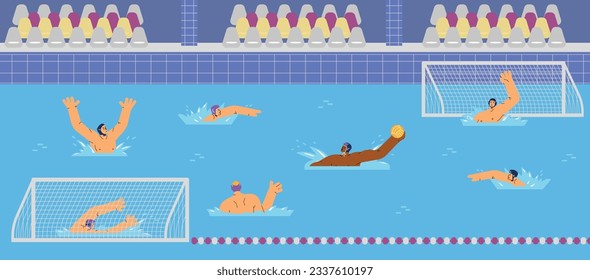 Torneo de waterpolo o partido, ilustración vectorial plana. Hombres pasando pelota en la piscina. El concepto de deporte de equipo. Jugadores de waterpolo profesionales.