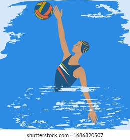 Water polo - woman with a ball in the water - abstract grunge background - vector. Camping. Water sports.