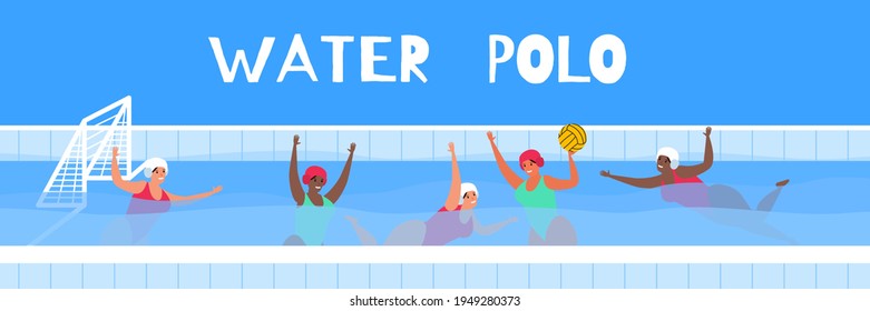 water polo women team players in swimming pool  championship vector flat  illustration