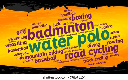 Water polo. Word cloud, cool design, gold background. Summer sports.