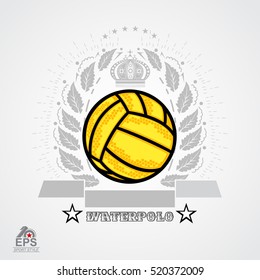 Water polo yellow ball in center of silver wreath isolated on white. Sport logo for any team