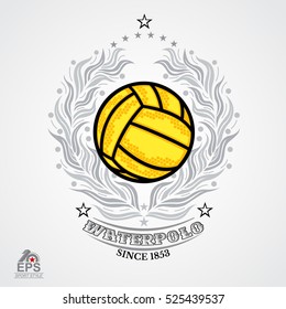 Water polo yellow ball in center of silver laurel wreath isolated on white. Sport logo for any team