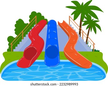 Water pool at aquapark, aqua slide in park design, vector illustration. Waterpark for summer cartoon recreation, vacation and fun amusement.